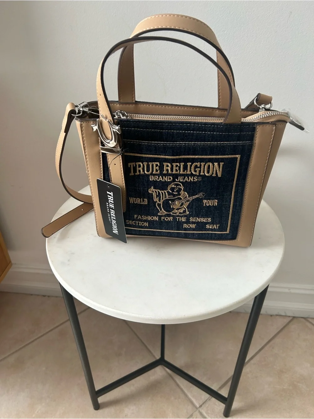 True Religion Tan and Denim Logo Mini Satchel
